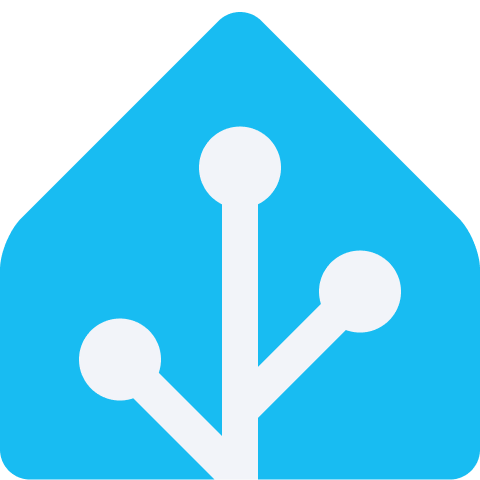 home assistant logo, which is a small blue house with three white tracers inside of it, making it appear as though the home is a circuit board